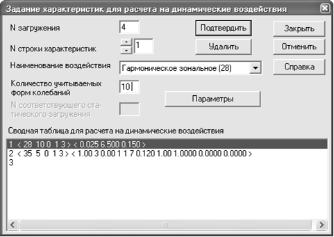 Задание характеристик для расчета на динамические воздействия Диалоговое окно Задание характеристик для расчета на динамические воздействия